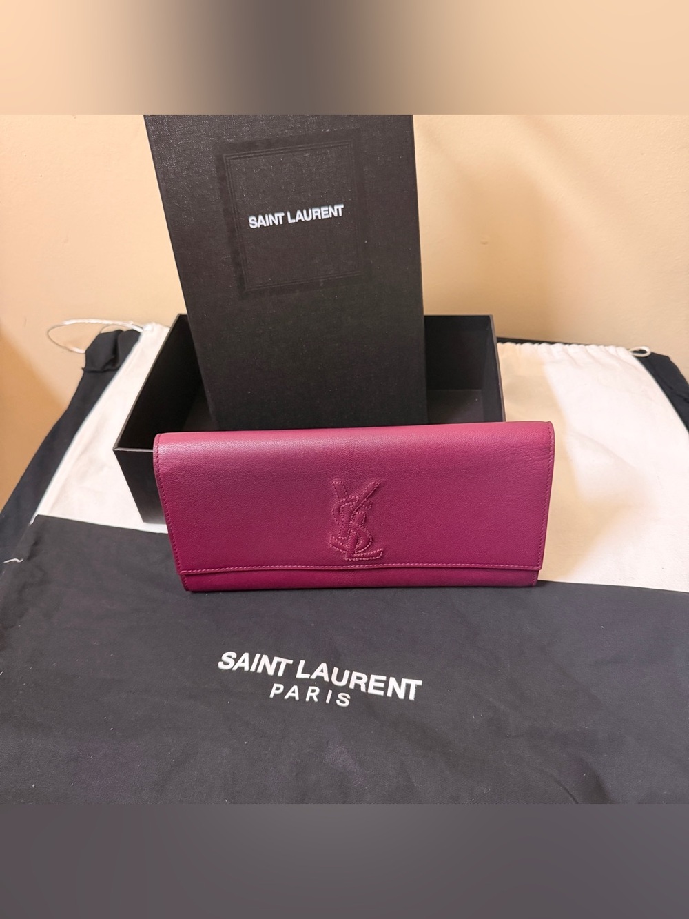 Saint Laurent Magenta Leather Long Wallet with Embossed YSL / COA